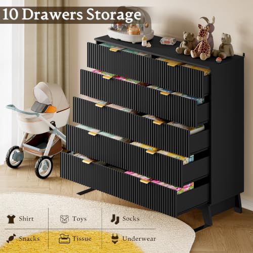 Image of BORNOON 46 inch Tall Dresser for Bedroom, 10-Drawer Fluted Chest of Drawers, Modern Wood Highboy with Metal Slides and Handles, Anti-Tip Kit, Vertical Clothes Storage Organizer for Apartment, Closet