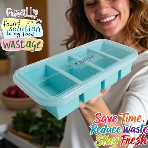 Image of BPA Free Silicone Freezer Storage Container with lid - Airtight and Leakproof, Food Grade, Reusable,Microwave & Freezer Safe (Light Blue, 4 Partition)