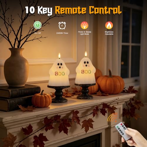 Image of Ghost Halloween Flameless Candles with BOO, Remote Timer Battery Operated | Flickering LED Candles, Spooky Cute Halloween Decor, Real Wax, Hand Painted, Table Home Party Festival Decoration Gift, 2Pack