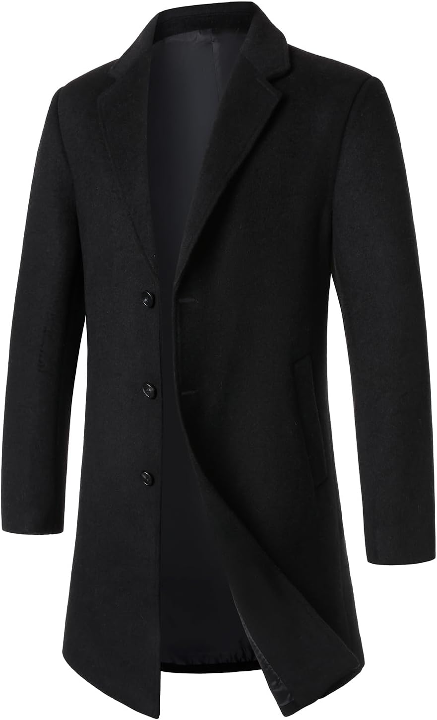 FANARCHER Men’s Wool Blend Pea Coat Casual Long Jacket Single Breasted Overcoat Notched Collar Winter Trench Coat - Image 3