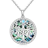 Moonstone Triple Moon Goddess Necklace Pentagram Pentacle Tree of Life Pendant Sterling Silver Magic Wicca Abalone Necklaces for Women Pagan Wiccan Mothers Day Gifts