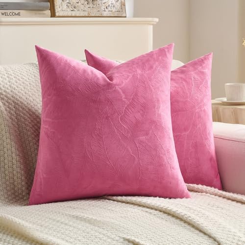 Image of FUTEI Pack of 2 Velvet Throw Pillow Covers 22x22 Inch Soft Embossed Leaf-Relief Textured Decorative Cushion Cases Modern Natural Farmhouse Accent for Couch Bed Living Room, Hot Pink