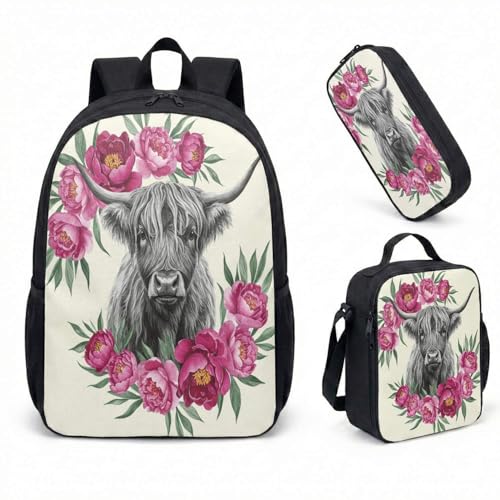 Mochila Highland Cow Cherry Blossom 43 cm, conjunto de 3 peças, rosa floral, mochila de viagem com bolsas de acessórios, 04, Large