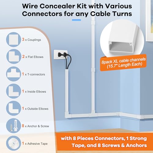 Image of Cord Hider Kit 126in (8 x L15.7in) - ZhiYo Cable Covers for Wires on Wall, Wire Hider for Wall Mounted TV, White Cable Raceway, Paintable Cord Cover Cable Management for Home Office, W1.54in x H0.75in