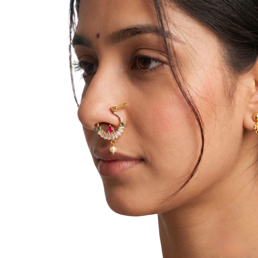 Gold-Toned Traditional Nath with CZ Stones and Pearl Drop, Indian Bridal Nose Ring, Traditional Maharashtrian Nose ring for women without piercing Pearl Gold Plated Nath-image-27