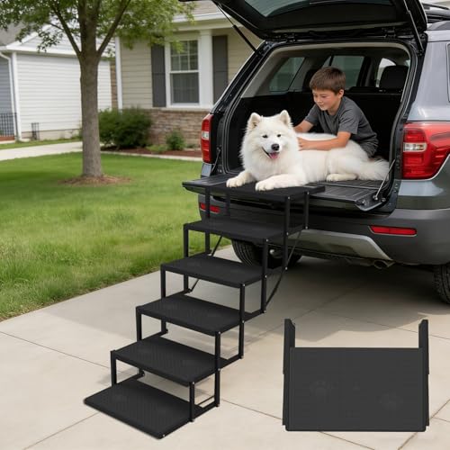 Dog Stairs for car 6 Steps Foldable Dog Steps for Truck Upgraded Non-Slip Pet Stairs for lagre Dogs Metal Pet Stairs for SUV Truck and Cars