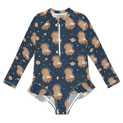 ALAZA Toddler Swimsuit Girl Bathing Suit Swimwear Rash Guard Astronaut Capybara Long Sleeve 3T