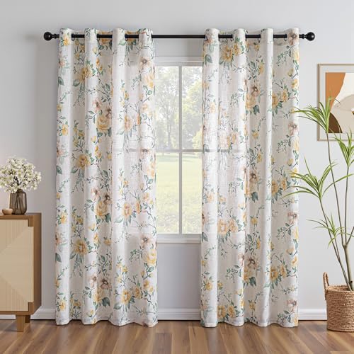 MEETSKY Floral Curtains 72 Inch Length Light Filtering Semi Sheer Linen Curtains for Living Room Bedroom, Modern Grommet Flower Patterned Drapes for Dining Room, Yellow, Set of 2 Panels