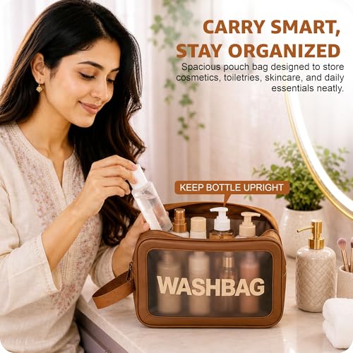 Image of FLYNGO Clear Makeup Pouch Set, Cosmetic Organizer Bag for Women and Girls Travel Waterproof Toiletry Storage Kit (Set of 3 Tan Brown)