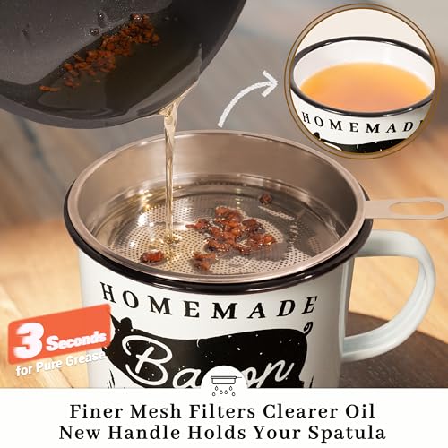 Image of Ayerphalo Bacon Grease Container with Strainer - With Food-Grade Silicone Spatula, 24oz Enamel Rustic Farmhouse Fat Container, Keeper, Recipes, Dishwasher Safe