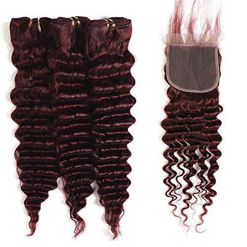XCCOCO #99j Deep Wave 3 Bundles with Lace Closure Peruvian Cheap Virgin Remy Wine Red Deep Curly Human Hair Weave Extensions with 4x4 Lace Top Closure(18 18 20+18inch Closure)