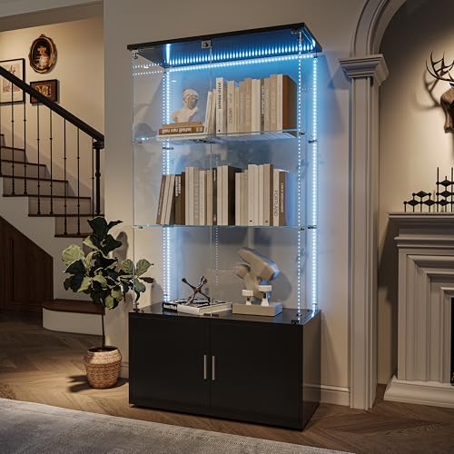 Vitrina de cristal con iluminación LED, vitrinas de pie con puerta de cristal y estantes, armario de colección moderno de vidrios, LED armario de almacenamiento para salón de oficina