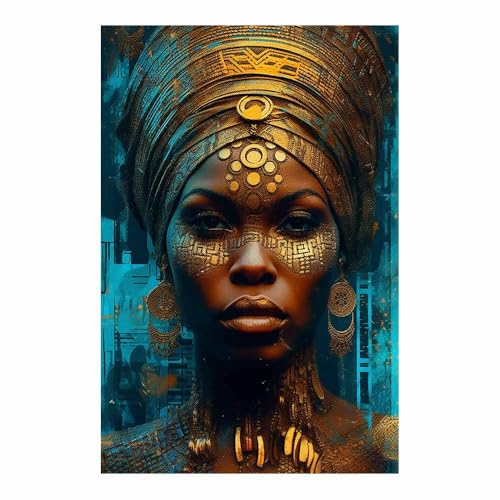 Peinture à l'huile sur toile portrait tribale dorée art mural de prestige 80x120cm