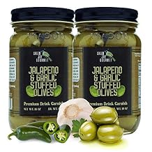 Green Jay Gourmet Double Stuffed Olives Jalapeno & Garlic Stuffed Green Olives for Cocktail Garnish & Cheese Board Dirty Martini Olives Gourmet Olives All Natural Large 2 x 16 Ounces