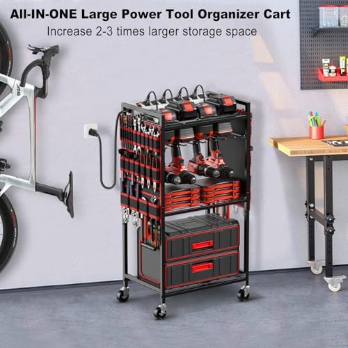 JUNNUJ Power Tool Organizer Cart with Charging Station, 6 FT Cord, Red