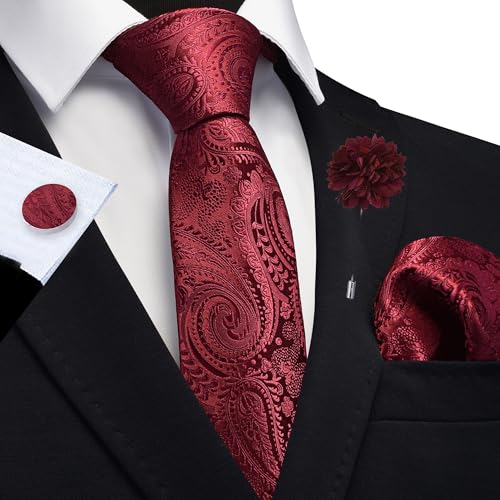 Image of GUSLESON Paisley Tie Set for Men 3.15 inch Necktie Lapel Pin Hankerchief Cufflinks Set for Men