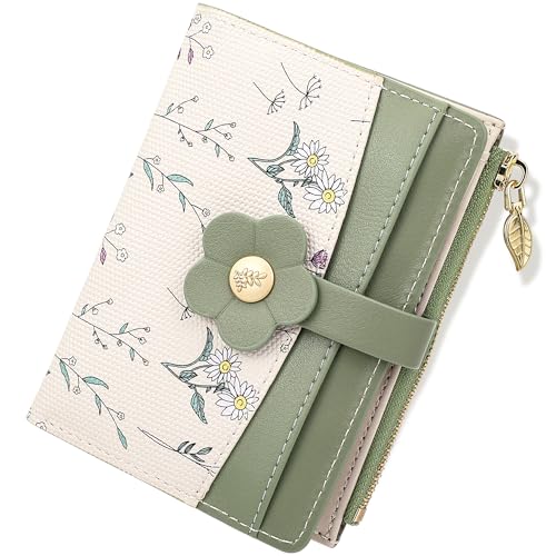 Image of Farcauo Small Floral Womens Wallet Cute Wallets for Women Thin Green Women's Wallet Kawaii Flower Card Wallets for Women Ladies