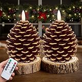 AXYLEX Pine Cone Candles Battery Operated, Pinecones with Remote and Timer, LED Flameless Real Wax Flickering Candle for Christmas Decor. H 5.5 Inch, Pack of 2 (Golden-Brown)