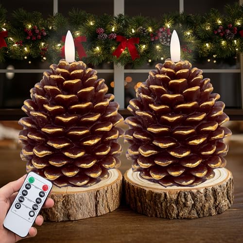 AXYLEX Pine Cone Candles 2 Pack Flameless LED Wax Timer (Golden Brown)