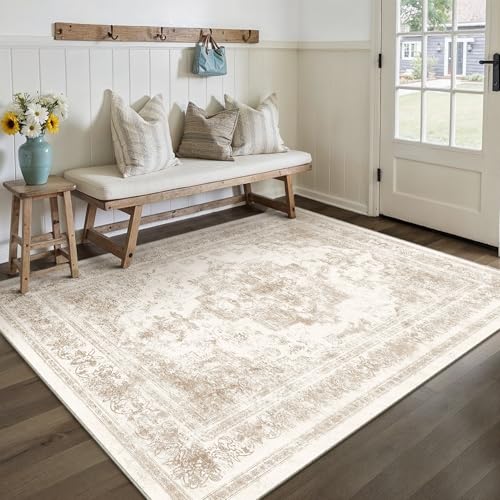 Area Rug 5x7 Cream Washable Living Room Beige Carpet Non Slip Vintage Medallion Low Pile Soft Indoor Bedroom Retro Distressed Indoor Rug for Kitchen Home Office Laundry Dining Room