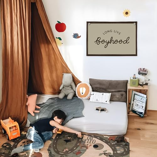 Image of Vintage Boys Room Decor Long Live Boyhood Linen Banner,Nursery Playroom Wall Decor Hanging Flag Banner, Kids Bedroom Living Room Dorm Toddler Decorations Trendy Room 30x20 boyroom