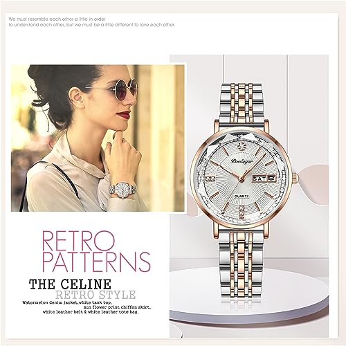 JewelryWe Horloges dames roestvrij staal dameshorloge - elegant analoog kwartshorloge vrouwen week datum kalender 30 m waterdicht horloge met roestvrijstalen armband en lichtgevende wijzers - Afbeelding 5