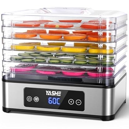 Foto di YASHE Essiccatore Alimentare, 5 Vassoi in Acciaio Inox, Timer e Temperatura Regolabili, Flusso d’Aria a 360°, Senza BPA, 400W Essiccatore Frutta e Verdura, Carne, Erbe, Snack per Cani
