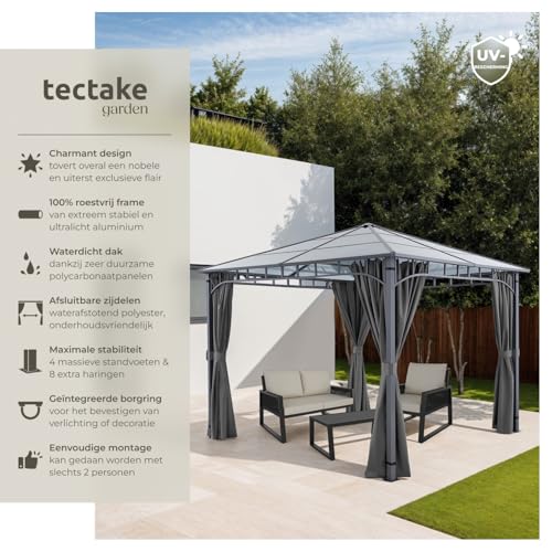tectake® Luxe Tuinpaviljoen | Terras Paviljoen met Zijwanden, Aluminium Frame, Gepoedercoat | Inclusief 8 Haringen - Afbeelding 3