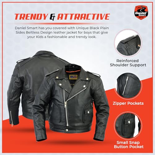 Daniel Smart Boys Leather Jacket Premium Kids Motorcycle Jacket with Unique Plain Sides Design and Multiple Pockets3