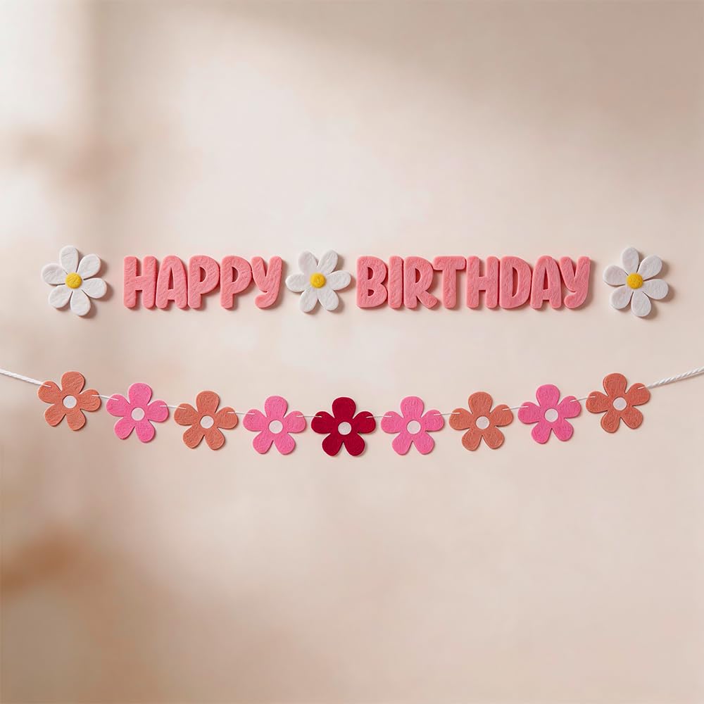 Daisy Felt Party Banner Set - Reusable Pink Floral Hanging Decor for Birthday, Home Celebration - 2PCS Elegant Banner & Garland