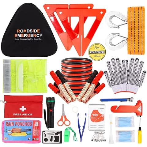 Emergency Breakdown Kit, 76 in 1 Multifunctional Roadside Assistance Car Breakdown Kit with Jumper Cables, Tow Rope, Triangle, Flashlight, Safety Hammer, etc Cover