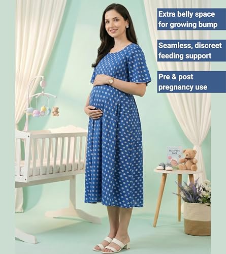 Image of DUMMY SHAPE Feeding Kurtis for Women Cotton Blend | Floral Pregnancy Flare Kurta with Dual Nursing Zippers to Pre & Post Partum | Maternity Dresses | Gifts for Pregnant Woman