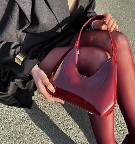 Image of Patent Leather Hobo Shiny Handbags Cute Evening Clutch Armpit Shoulder Bag Crescent Purse