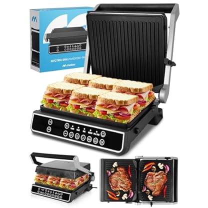 MalTec Kontaktgrill mit Auffangschale SM5000W-PRO Elektrogrill 2500W Panini Sandwichmaker, 3 Frittierstufen, 5 Programme, Abnehmbare Platten