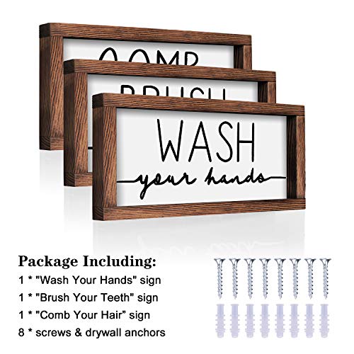Libwys Bathroom Sign & Plaque (Set Of 3) Wash Your Hands Brush Your Teeth Comb Your Hair Decorative Rustic Wood Farmhouse Bathroom Wall Decor (White) #TOP4