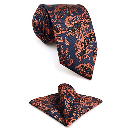 S&W SHLAX&WING Men Ties Neckties Gift Set Dark Blue Orange Paisley Classic Size 57.5" with Pocket Square