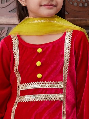 Image of Pspeaches Girls Ethnic Green & Pink Velvet Full Sleeves Solid Kurta and Pant with Dupatta 3 Piece Set