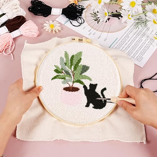 Image of KESTAR Punch Needle Embroidery Starter Kits, Black Cat Flower Punch Needle Kits for Adults Beginner, Needle Punch Kit Tool with Instruction Threader Fabric Yarns and Hoop