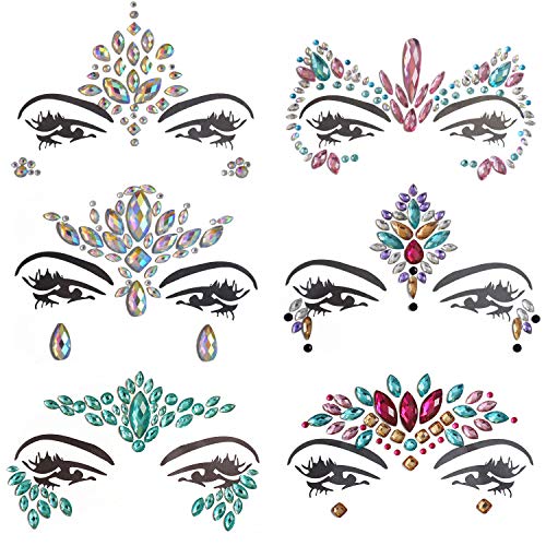 Inifty 6 Sets Women Mermaid Face Gems Glitter, Rhinestone Body Jewels, Self-Adhesive Stick On Crystal Tattoo Stickers Bindi Jewelry for Rave Carnival Party Bohemian Music Festival Coachella (Style 1)