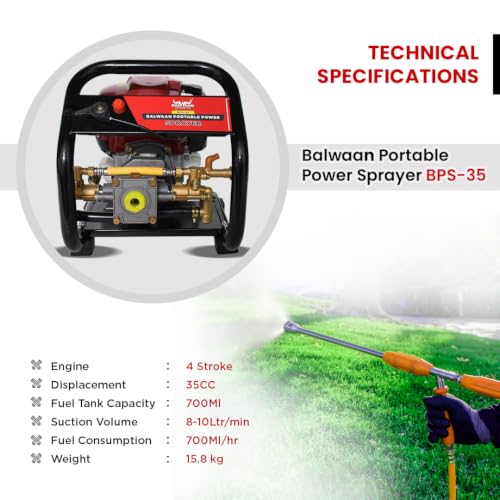 Image of Balwaan Krishi 35cc 4 Stroke Engine Power Pressure Sprayer Pump | BPS-35 | with Spray Gun & 50 Meter Hose Pipe, High Pressure Pump for Gardening, Cleaning