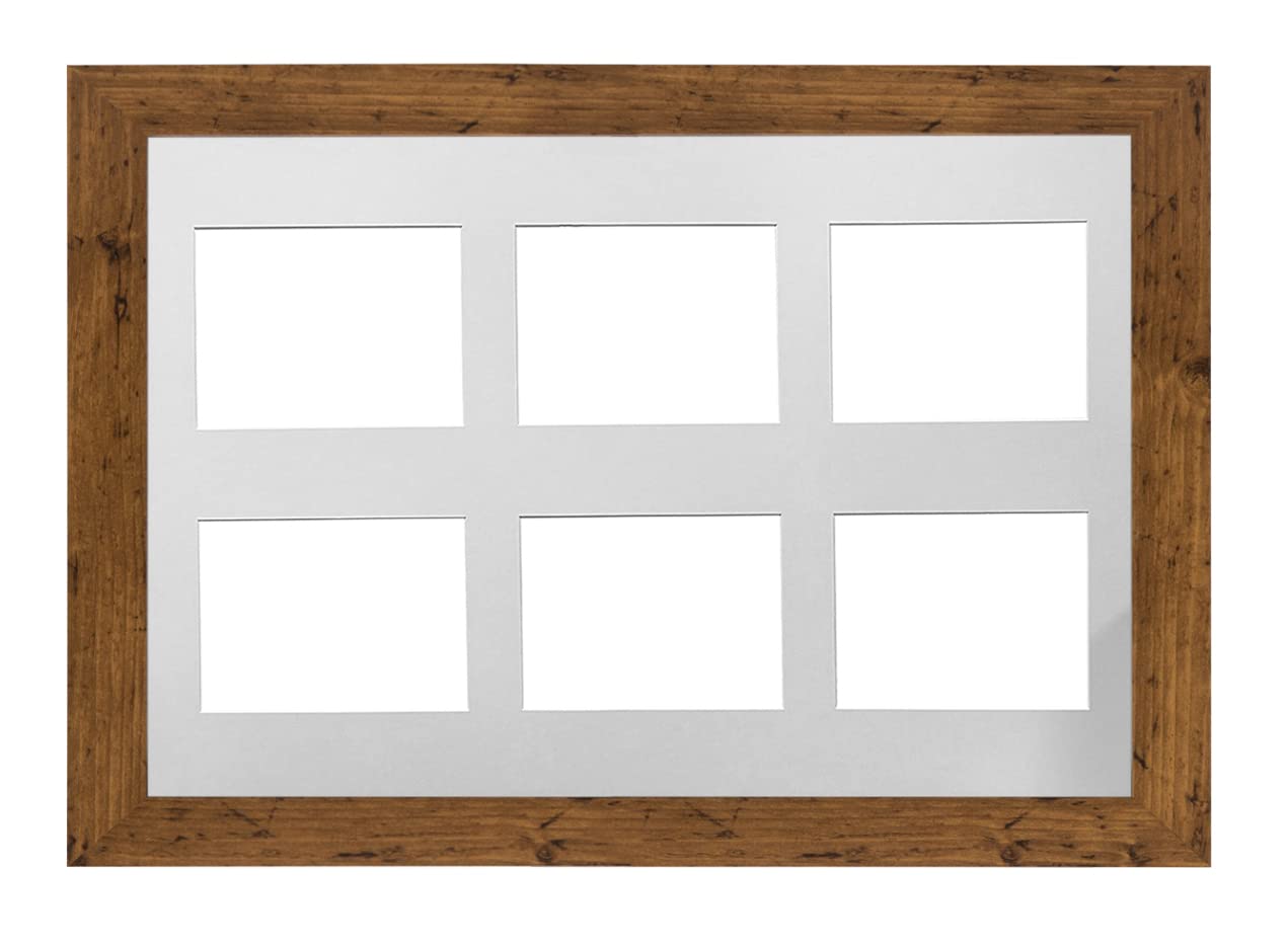 MDF 30mm Walnut Frame 30x20' Multi Aperture Picture Frame with White Mount to fit (6x) 8x6' Photos with Perspex Sheet - Wall Mountable Landscape or Portrait