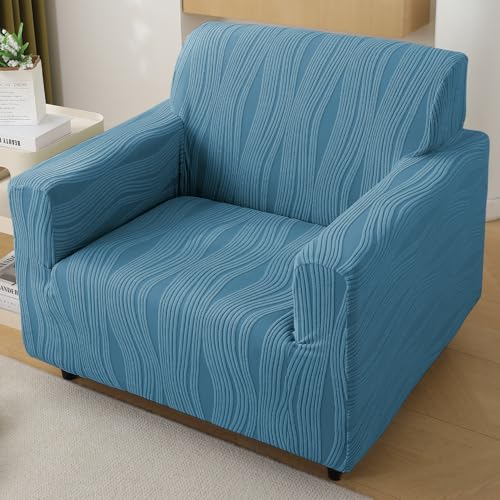 Image of HOKIPO 200 GSM Premium Knitting Jacquard Fully Covered Stretchable Sofa Cover for 1 Seater, 'Nestiva Series' Sea Blue (NEW-AR-5307-BL)