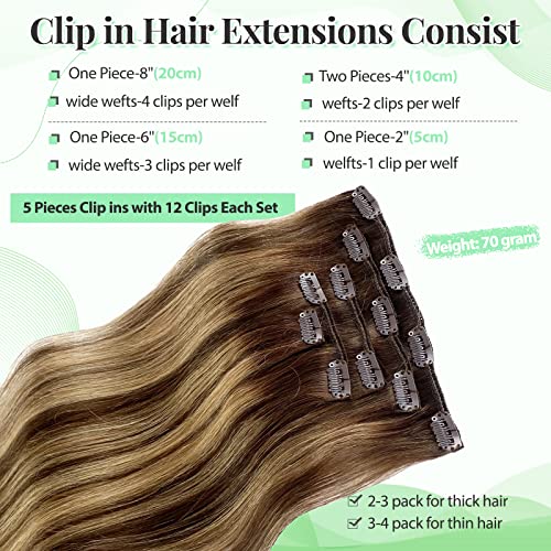 Image of Ombre Clip in Hair Extensions, 20 Inch Balayage Chocolate Brown Mixed Strawberry Blonde 70g 5pcs Real Hair Extensions Clip In Human Hair Remy