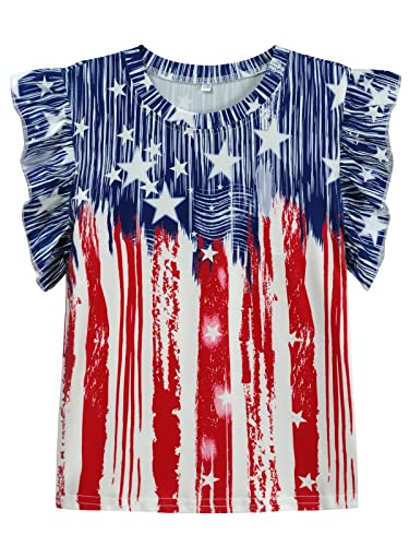 Toddler Girls July 4th Shirts American Flag Ruffle Short Sleeve Patriotic Red White Blue Star Outfits Blouse Tops