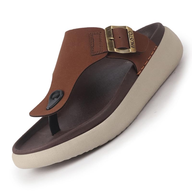 Image of FAUSTO Men Buckle Adjustable T-Strap Side Stitched Summer Waterproof Slip On Sandals|Comfort Featherlite Insole|Thong Slipper for Monsoon Rainy Season