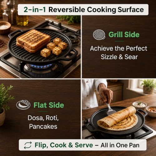 Image of Esspy Cast Iron 2-in-1 Dosa Tawa & Grill (30cm) | Double-Sided Tawa /Pan for Roti, Dosa, Chapati, Fish & Steak | Naturally Nonstick, Gas & Induction Cookware | Reversible Cooking