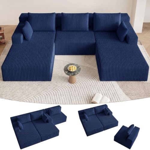 Image of 107 inch Modular Sectional Sleeper Sofa, Boneless Cloud Couch for Living Room, U Shaped 3 Seat Sofa with Deep Seat, Free Combination, Couch in a Box, No Assembly Required (Blue)