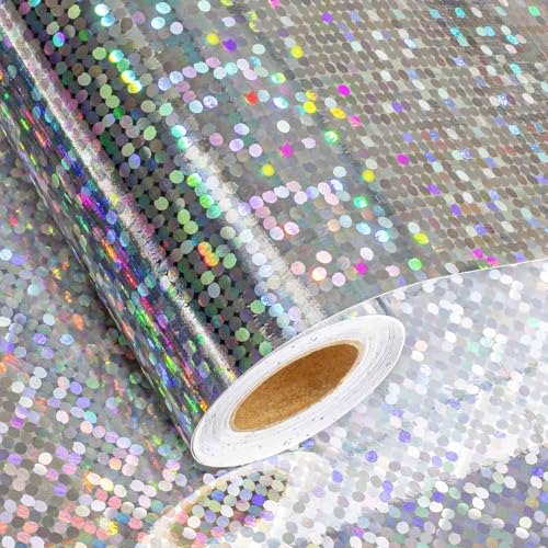 Merture 17 In X 32.8 Ft (46.5 sq.ft.) Holographic Wrapping Paper Roll Silver Dots Gift Wrap for Disco Party Wedding Birthday Christmas Bridal Shower Fathers Day Graduation