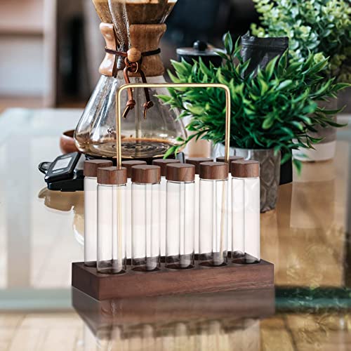 Set 10 Fiale Vetro Per Chicchi Di Caff&egrave; Con Espositore Legno - Dosatore Da 56,7g