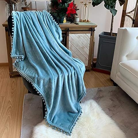 LOMAO Flannel Blanket with Pompom Fringe Lightweight Cozy Bed Blanket Soft Throw Blanket fit Couch Sofa Suitable for All Season (128x158) (Light Blue) Cover
